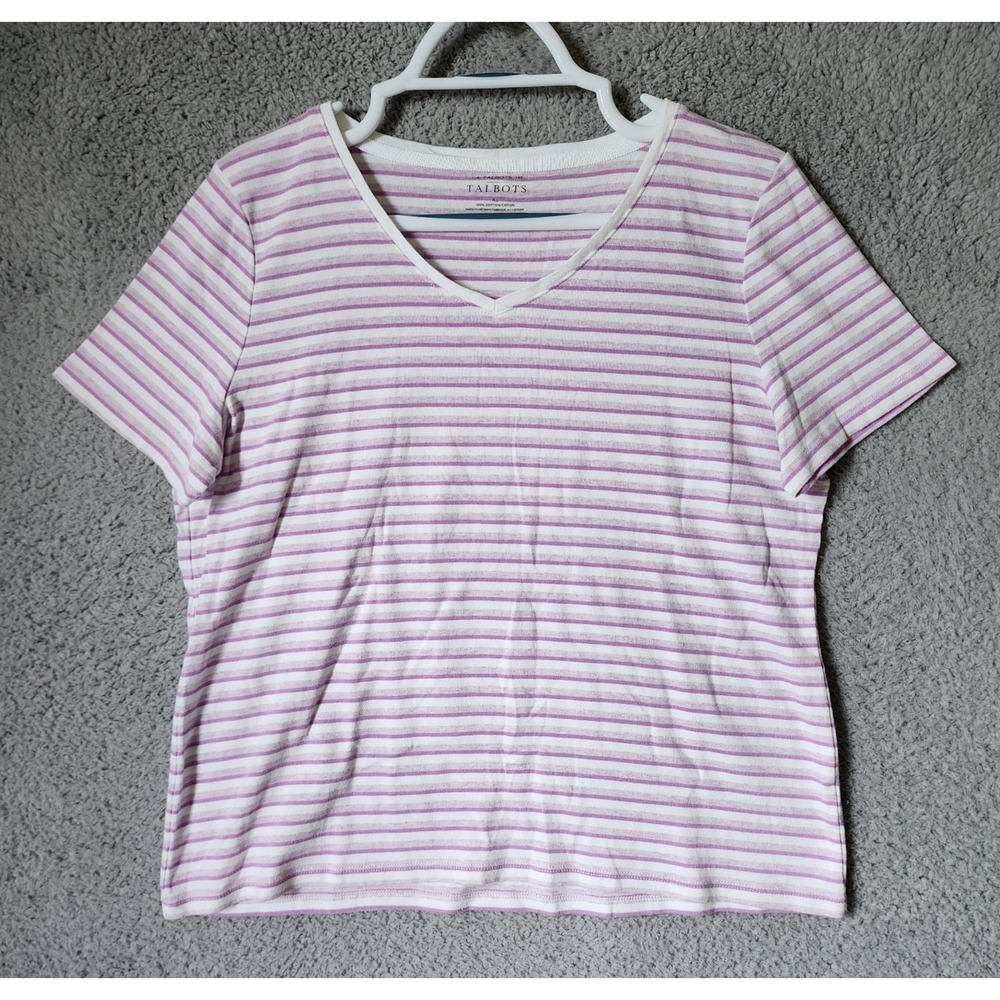 The Talbots Tee Shirt Women XL Purple‎ White Striped V-Neck Short Sleeve Cotton